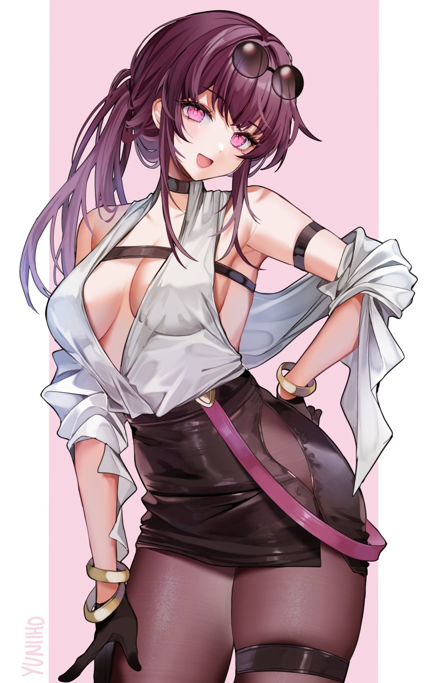 :d bangs bare_shoulders belt black_gloves black_legwear black_skirt bracelet breasts choker cleavage collarbone cowboy_shot eyebrows_visible_through_hair eyewear_on_head female gloves hand_on_hip heart jewelry kafka_(honkai:_star_rail) large_breasts long_hair looking_at_viewer medium_breasts miniskirt mole open_mouth pantyhose pencil_skirt pink_background pink_eyes purple_eyes purple_hair shirt sidelocks skirt smile solo standing striped striped_background sunglasses thigh_strap vertical_stripes white_shirt