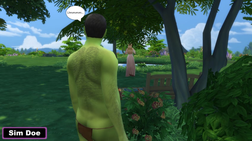 3d black_hair blonde_hair body_hair caption comic comic_page english english_text female forest forest_background green_skin hairy hairy_male loincloth long_hair male male/female medieval olfin_the_perved(sim_doe) orc orc_male original_characters petite petite_body petite_female princess princess_lela(sim_doe) sim_doe sims sims4 sims_4 speech_bubble speech_bubbles straight the_sims the_sims_4