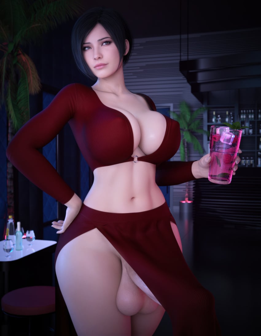 3d 3d_(artwork) abs ada_wong asian big_breasts big_penis bulge cleavage female futanari hi_res huge_breasts huge_cock perfect_body red_clothing resident_evil resident_evil_2 stevencarson thick_thighs