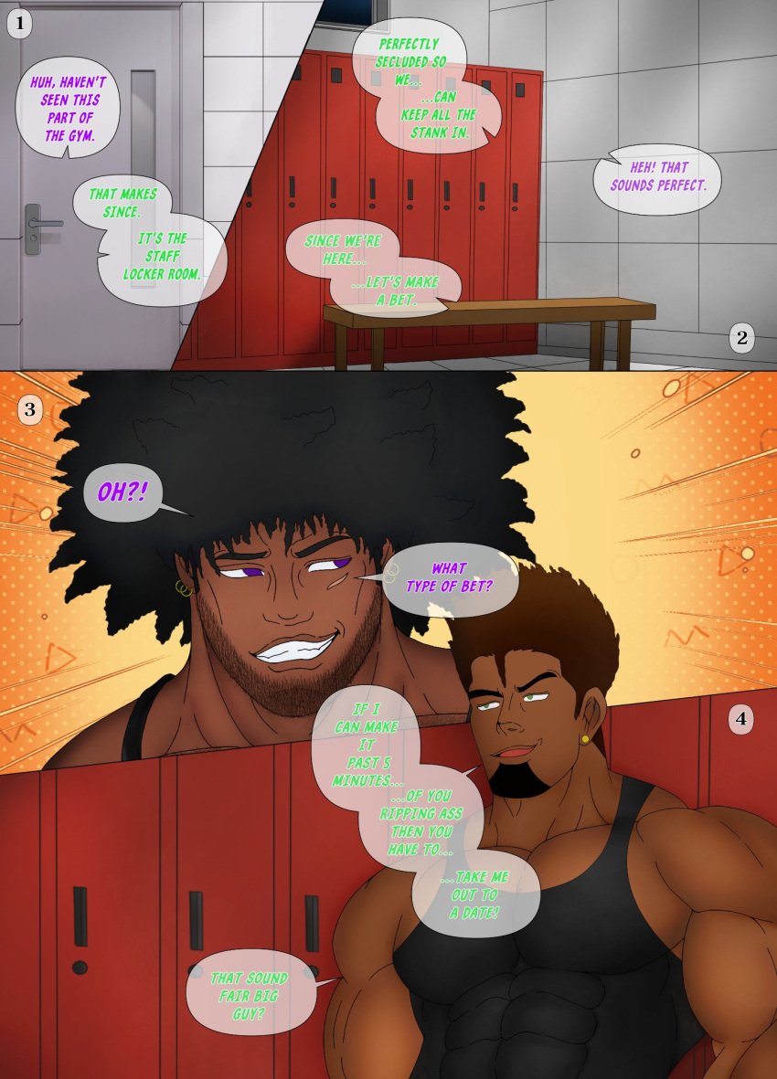 2boys comic comic_page dark-skinned_male gay gym hegassensaga locker_room lockers male muscular muscular_male