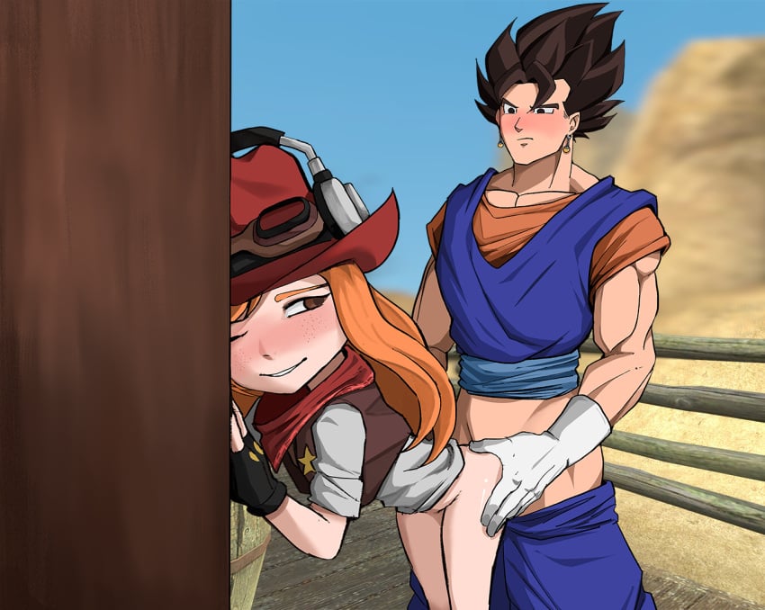 1boy 1girls blush clothed clothed_sex confused confused_look confusion cowgirl cowgirl_outfit dragon_ball dragon_ball_z freckles hands_on_ass human_meggy meggy_spletzer no_pants pleasure_face potara_earrings potara_fusion sex smg4 vegetto vegito