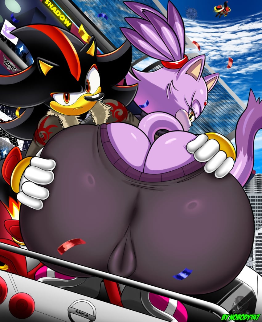 1boy 1girls anthro ass ass_cleavage big_ass blaze_the_cat bottom_heavy bubble_butt butt_crack cameltoe clothing dat_ass fat_ass feline female hands_on_another's_ass hands_on_ass hedgehog huge_ass jacket large_ass looking_at_viewer looking_back male massive_ass nobody147 pants shadow_the_hedgehog sonic_(series) sonic_the_hedgehog_(series) thick_ass