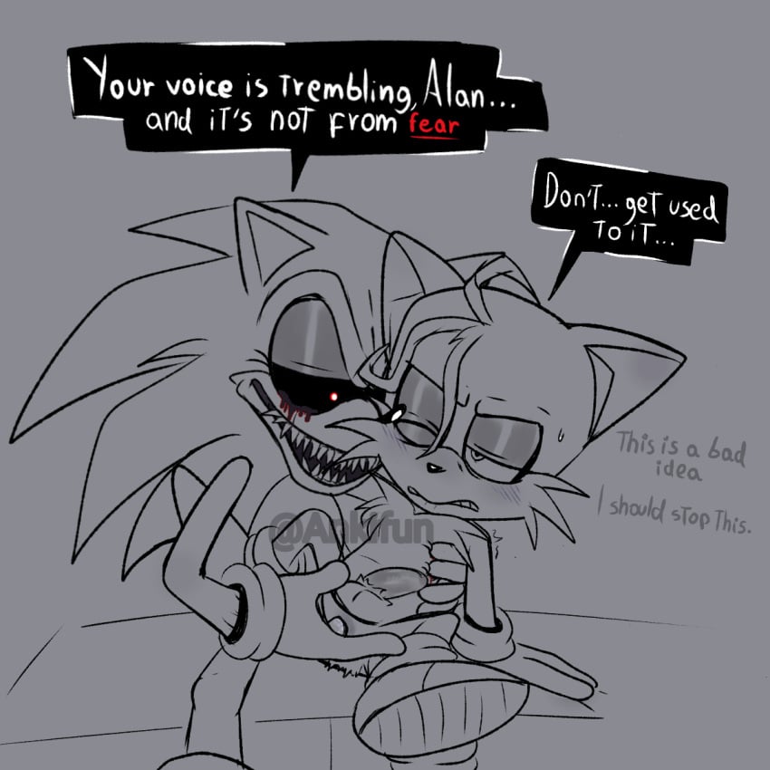 2011x alan_(sonic.exe) ankifun anus blush canine dominant english_text erection fingers_in_ass gay genitals mammal penis pleasure_face questionable_consent simple_background smile sonic.exe_(series) sonic_the_hedgehog_(series) spread_legs sweat tails_the_fox testicles watermark