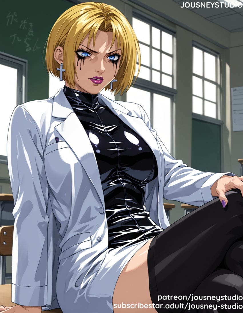 ai_generated bangs bible_black black_bodysuit black_legwear black_thighhighs blonde_hair blue_eyes breasts chair chalkboard classroom clothing cross cross_earrings crossed_legs desk dress earrings female female_only indoors jacket jewelry jousneystudio kitami_reika labcoat large_breasts latex legwear lips lipstick long_sleeves looking_at_viewer makeup mole nail_polish on_desk open_clothes parted_lips pencil_skirt purple_nails red_lips shirt short_hair sitting skirt solo thighhighs thighs white_shirt window