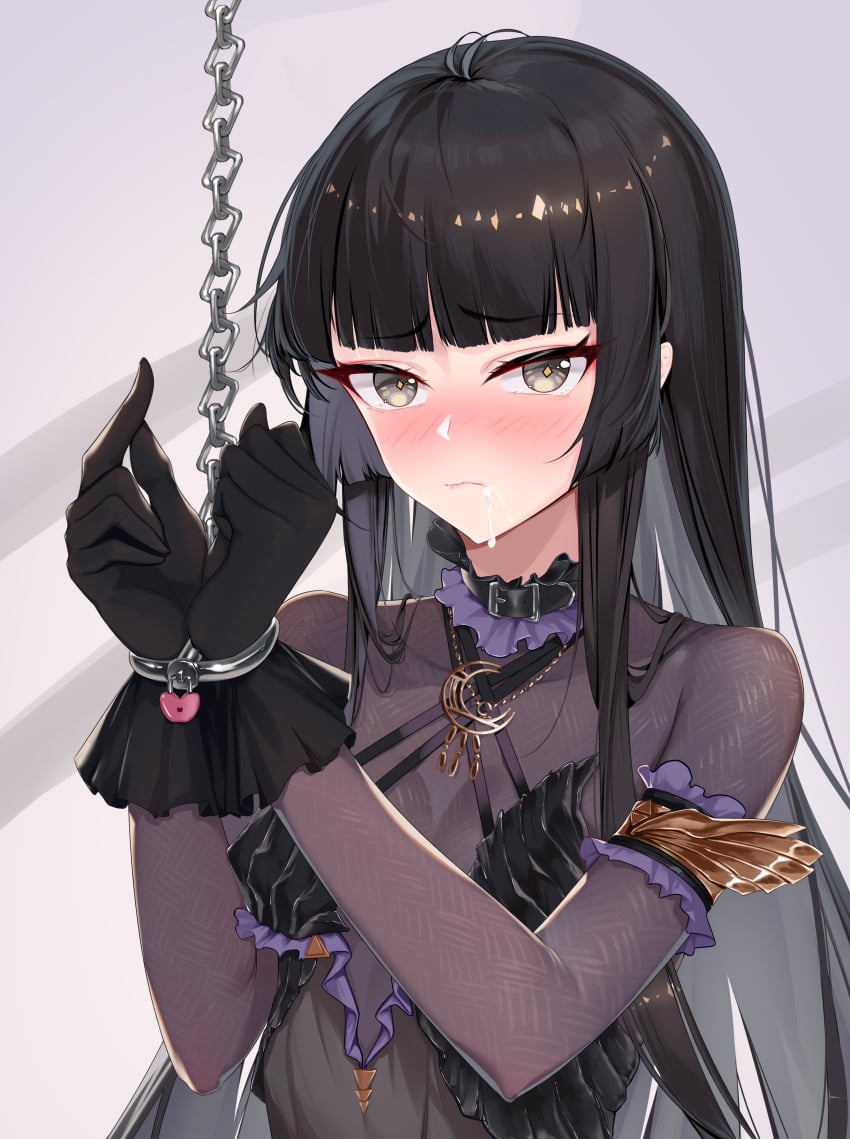 absurdres arknights black_hair bondage bondage bound breasts chains closed_mouth commentary_request cum cum_in_mouth gloves grey_eyes highres long_hair official_alternate_costume qaq_baiguang restrained see-through_clothes small_breasts virtuosa_(arknights) virtuosa_(diversity_oneness)_(arknights) white_background