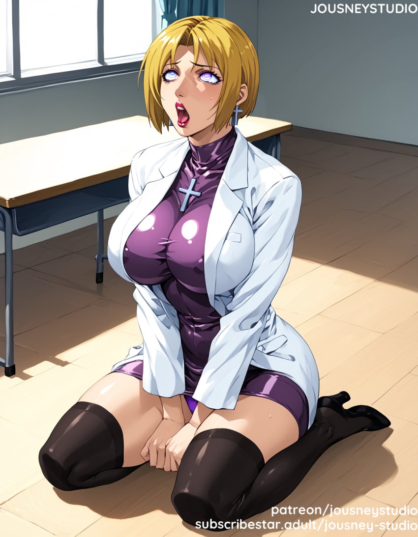 ai_generated bible_black black_legwear black_thighhighs blonde_hair blue_eyes blush breasts classroom clothing cross desk dress earrings female female female_only footwear high_heels huge_breasts impossible_clothes indoors jacket jewelry jousneystudio kitami_reika labcoat large_breasts legwear lips lipstick looking_at_viewer makeup necklace open_mouth purple_eyes school_desk shoes short_hair sitting skirt solo sweatdrop taut_clothes thick_thighs thighhighs thighs tongue underwear uniform wariza window