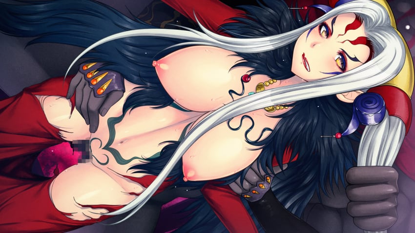 4_arms angry breasts censored clenched_teeth faceless_male female final_fantasy final_fantasy_viii gilgamesh_(final_fantasy) hair_grab hair_pull large_breasts long_hair makeup multi_arm multi_limb navel nipples rape red_dress restrained sex silver_hair tattoo torn_clothes ultimecia vaginal_penetration yellow_eyes