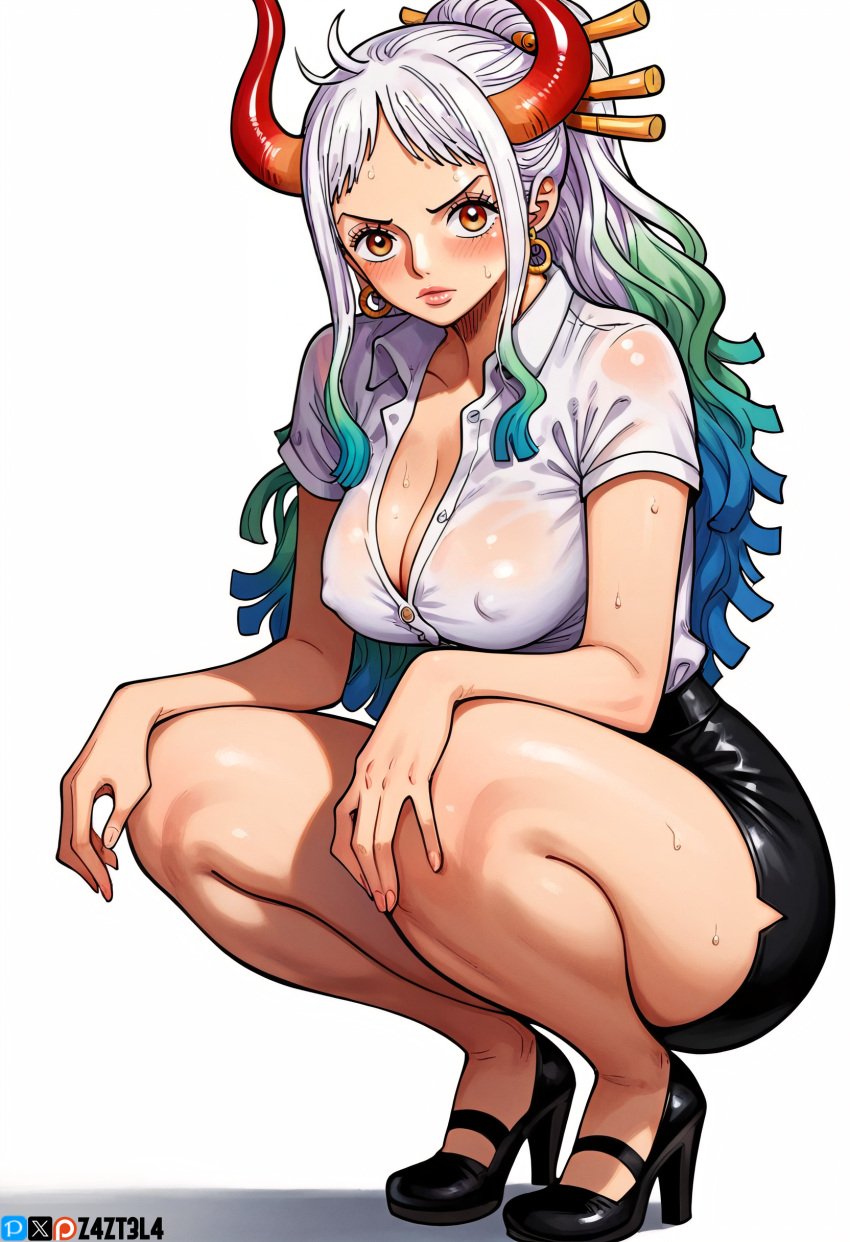 ai_generated alluring aqua_hair ass big_ass big_breasts blue_hair blush breasts earring earrings female female_only green_hair high_heels long_hair looking_at_viewer multicolored_hair office office_lady office_lady_outfit one_piece oni oni_femaleseduction oni_horns open_shirt orange_eyes pencil_skirt revealing_clothes seductive seductive_body seductive_eyes teasing unbuttoned unbuttoned_shirt white_hair white_shirt yamato yamato_(one_piece) z4zt3l4