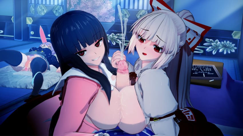 2futas 2girls 2girls2futas @_@ black_hair clothed clothed_female clothed_futanari cum double_paizuri fujiwara_no_mokou holding_hands kaguya_houraisan large_ass large_breasts large_penis light-skinned_female light-skinned_futanari long_hair looking_at_genitalia looking_at_partner looking_at_penis looking_at_viewer open_mouth open_shirt paizuri penis red_eyes reisen_udongein_inaba sanae_kochiya smile symmetrical_docking threesome touhou touhou_weird_storage white_hair yuri