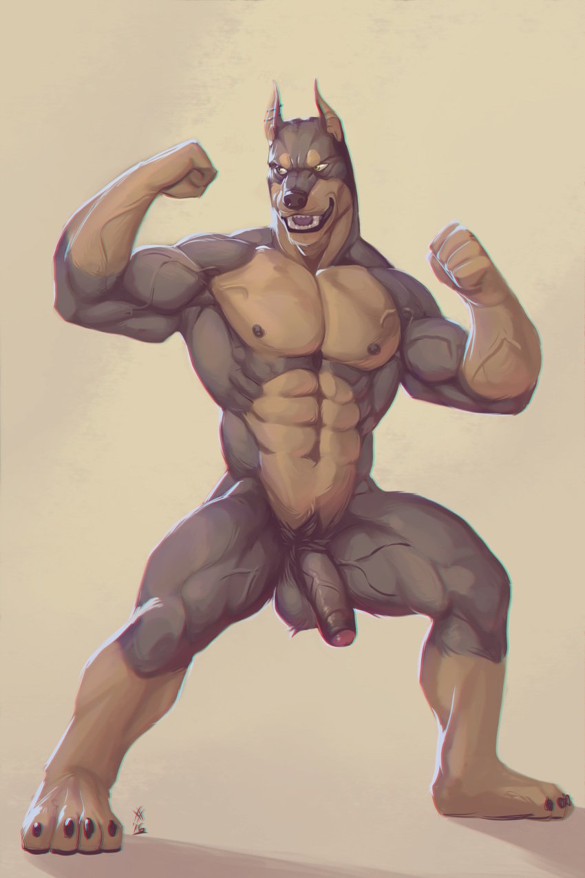 2016 4_toes 5_fingers abs absurd_res action_pose anthro balls biceps big_muscles black_fur black_nose brown_fur cain canine chromatic_aberration digital_media_(artwork) doberman ear_piercing fist flaccid flexing fur gloves_(marking) green_eyes grin half-erect hi_res humanoid_penis industrial_piercing jairus looking_away male male_only mammal markings multicolored_fur muscular muscular_male nipples nude open_mouth partially_retracted_foreskin pecs penis piercing pose pubes rrowdybeast simple_background smile socks_(marking) solo standing teeth thick_thighs toes tongue two_tone_fur uncut vein veiny_penis