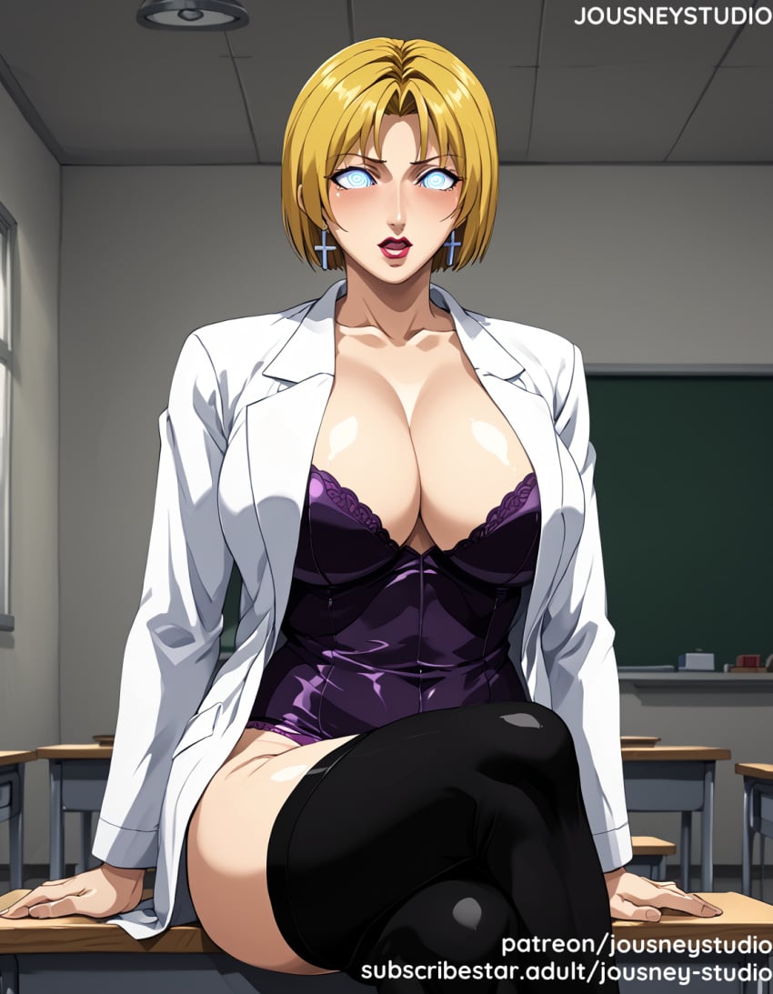 ai_generated bangs bible_black black_clothes black_legwear black_thighhighs blonde_hair blue_eyes blush bra breasts chair chalkboard classroom cleavage clothing coat collared_shirt covered_navel cross crossed_legs curvaceous desk earrings english_text female female female_only glowing_eyes huge_breasts hypnosis indoors jacket jewelry jousneystudio kitami_reika labcoat large_breasts legwear lips lipstick long_sleeves looking_at_viewer makeup mature mature_female mind_control office office_lady on_desk open_clothes open_coat open_shirt parted_bangs parted_lips pencil_skirt pink_lips red_lips school_desk shiny_clothes shirt short_hair sitting sitting_on_desk skirt solo thick_thighs thighhighs thighs underwear white_shirt window