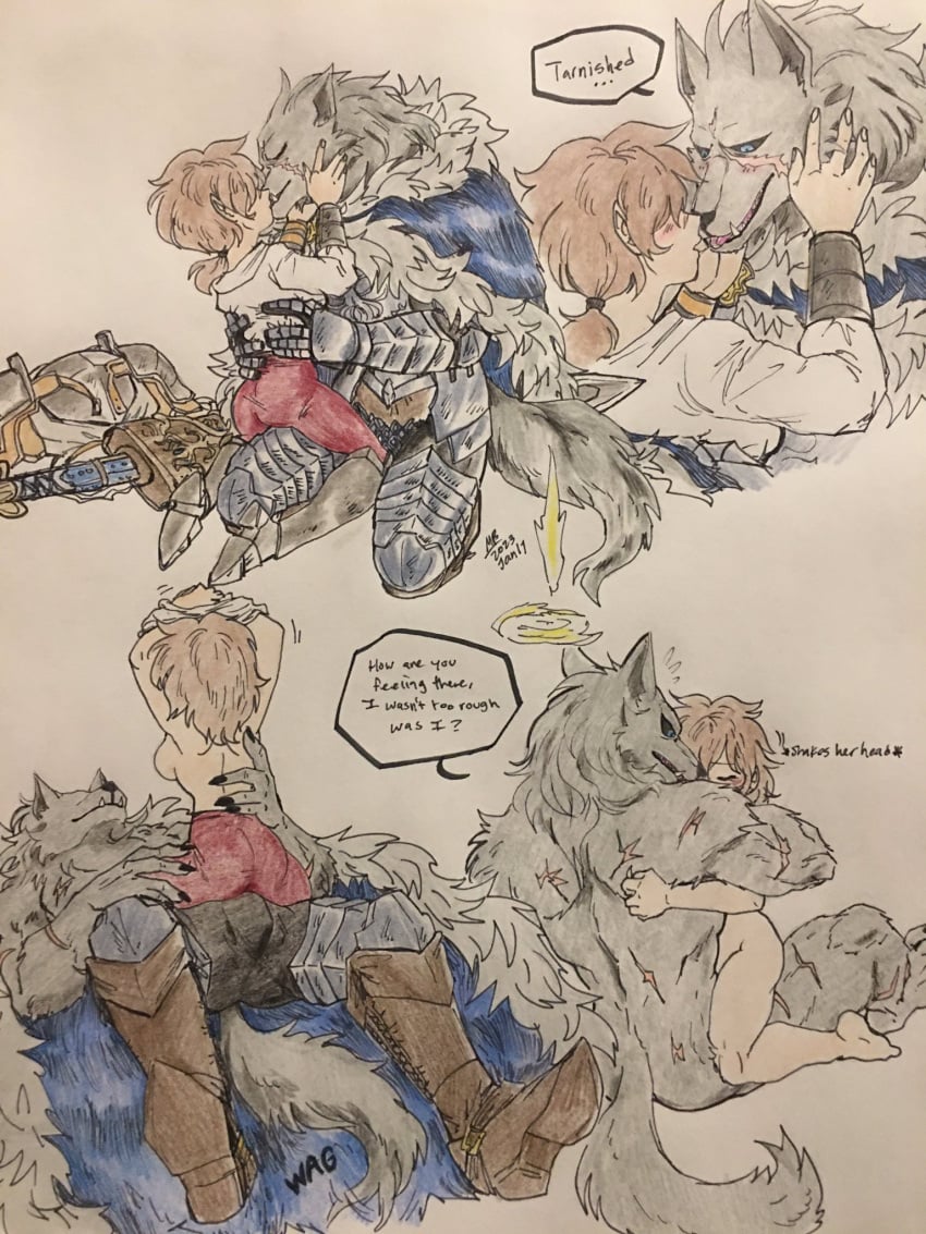 3:4 anthro armor blaidd_(elden_ring) blush breasts brown_hair canid canine canis claws clothed clothing cowgirl_position dialogue duo elden_ring english_text fangs female female_on_human female_penetrated fluffy fluffy_tail from_front_position fromsoftware fur grey_body grey_fur hair hi_res human human_on_anthro interspecies kissing looking_pleasured male male/female male_penetrating male_penetrating_female mammal misty79182580 muscular muscular_male nude on_bottom on_top open_mouth partially_clothed penetration scar sex speech_bubble tail teeth text wolf