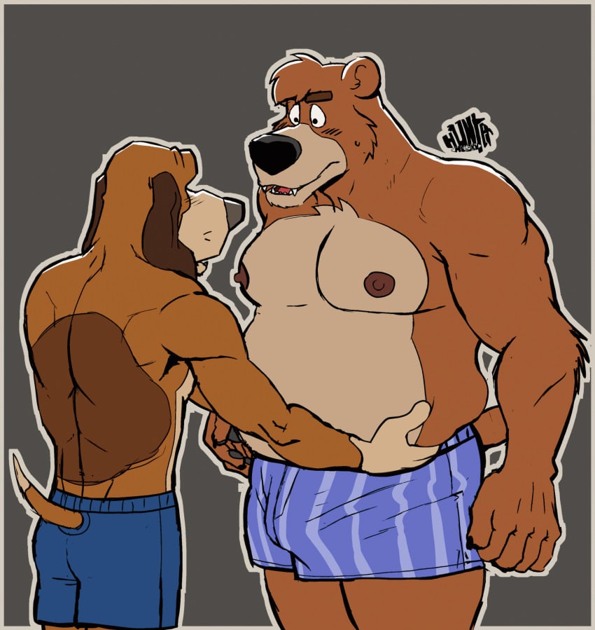 2boys aged_up animated anthro bear belly big_belly blue_clothing blue_underwear blush blush_lines boxers_(clothing) boxers_only brown_bear brown_body brown_fur bulge canid canine canis clothed clothing copper_(tfath) disney domestic_dog duo erection fur furry gay hand_on_belly head_tuft hi_res homosexual hunter-husky jiggling kit_cloudkicker male male/male mammal nipples open_mouth overweight overweight_anthro overweight_male pattern_clothing pattern_underwear short_playtime striped_clothing striped_underwear stripes tail tail_motion tailwag talespin tan_body tan_fur teeth the_fox_and_the_hound throbbing throbbing_bulge tongue topless tuft underwear underwear_only ursine wide_eyed