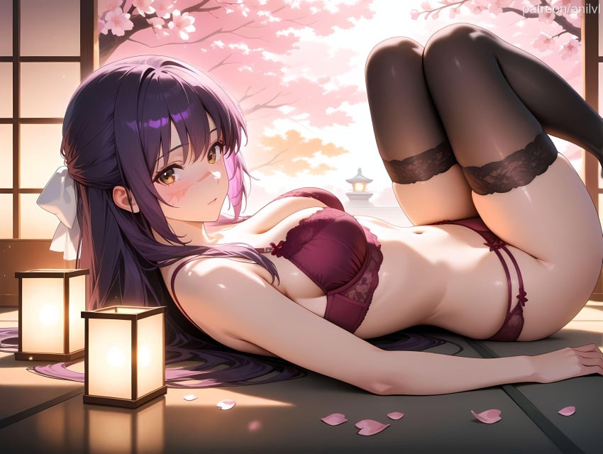 1girls ai_generated anilvl bangs bare_arms bare_shoulders black_hair black_thighhighs blush bow bra breasts brown_eyes brown_thighhighs cherry_blossoms cleavage closed_mouth falling_petals feet_up from_side hair_ribbon hairbow half_updo indoors jujutsu_kaisen knees_up lace-trimmed_bra lace_trim lantern large_breasts legs_up lingerie long_hair looking_at_viewer looking_to_the_side lying medium_breasts multi-strapped_panties navel no_shoes on_back panties petals purple_bra purple_hair purple_panties red_bra red_panties ribbon scar scar_on_face shouji sidelocks skindentation solo stomach stone_lantern string_panties tatami thighhighs thighs tree underwear underwear_only utahime_iori white_bow white_ribbon yellow_eyes