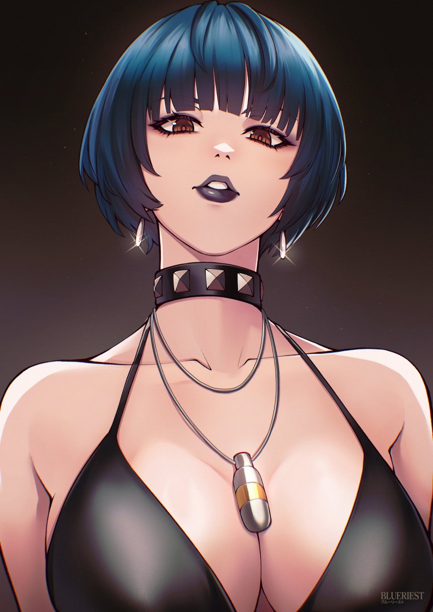 asian asian_female big_breasts black_dress blue_hair blueriest breasts clothed clothed_female dress female japanese japanese_female light-skinned_female light_skin looking_at_viewer looking_down looking_down_at_viewer persona persona_5 persona_5_royal tae_takemi