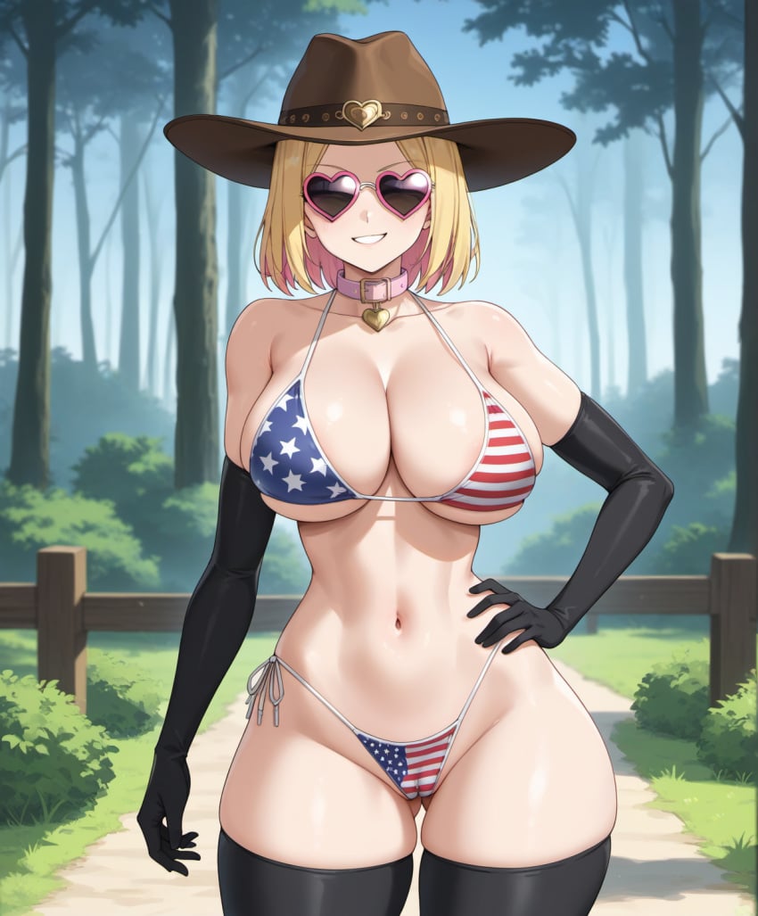 1woman ai_generated american_flag_bikini american_flag_bikini_bottom american_flag_bikini_top american_flag_print big_breasts black_arm_gloves black_armwear black_legwear black_thigh_highs black_thighhighs blonde_hair camel_toe cameltoe cowboy_hat cowgirl cowgirl_hat curvaceous curvaceous_female curvy_hips dog_collar female forest forest_background hand_on_hip heart_shaped_sunglasses kuro_inazuma large_breasts outdoors parted_bangs pink_dog_collar scantily_clad short_hair skimpy_bikini solo solo_female solo_focus straight_hair sunglasses texan thicc_thighs thick_thighs thigh_high_stockings thigh_highs thighhigh_stockings thighhighs voluptuous voluptuous_female wide_hips