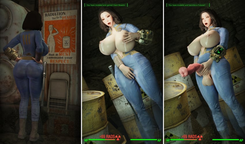 3d bethesda_softworks bodysuit breasts_expansion breasts_out_of_clothes emotrashcan exposed_breasts fallout futanari game_mechanics mutation screenshot_edit vault_dweller vault_suit