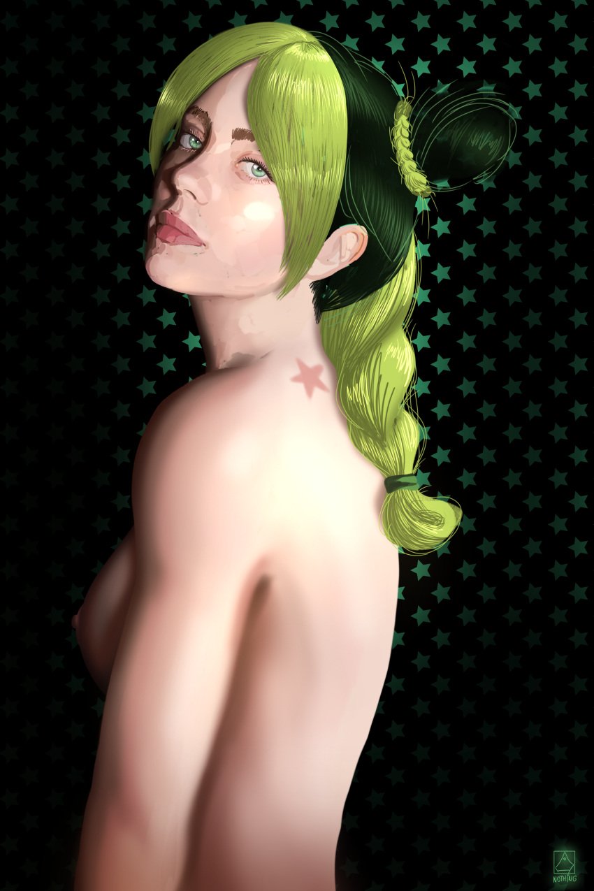 1girls 2:3 arms back billie_eilish black_background braid braided_hair braided_ponytail breasts cosplay double_bun drawing female female_only green_eyes green_hair hair hair_ornament joestar_birthmark jojo&#039;s_bizarre_adventure jolyne_kujo jolyne_kujo_(cosplay) lips looking_at_viewer new_epic_artist nipples nude nude_female pale-skinned_female pale_skin ponytail portrait real_person realistic realistic_proportions self_upload shoulders side_view sideboob stone_ocean tilted_head