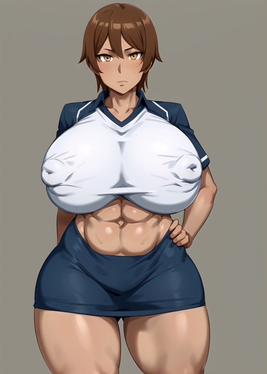 abs, brown_hair character_request clothed hand_on_hip huge_breasts kunaboto kunaboto_(style) muscular_female nipples_visible_through_clothing short_hair short_skirt thick_thighs tight_clothing tomboy