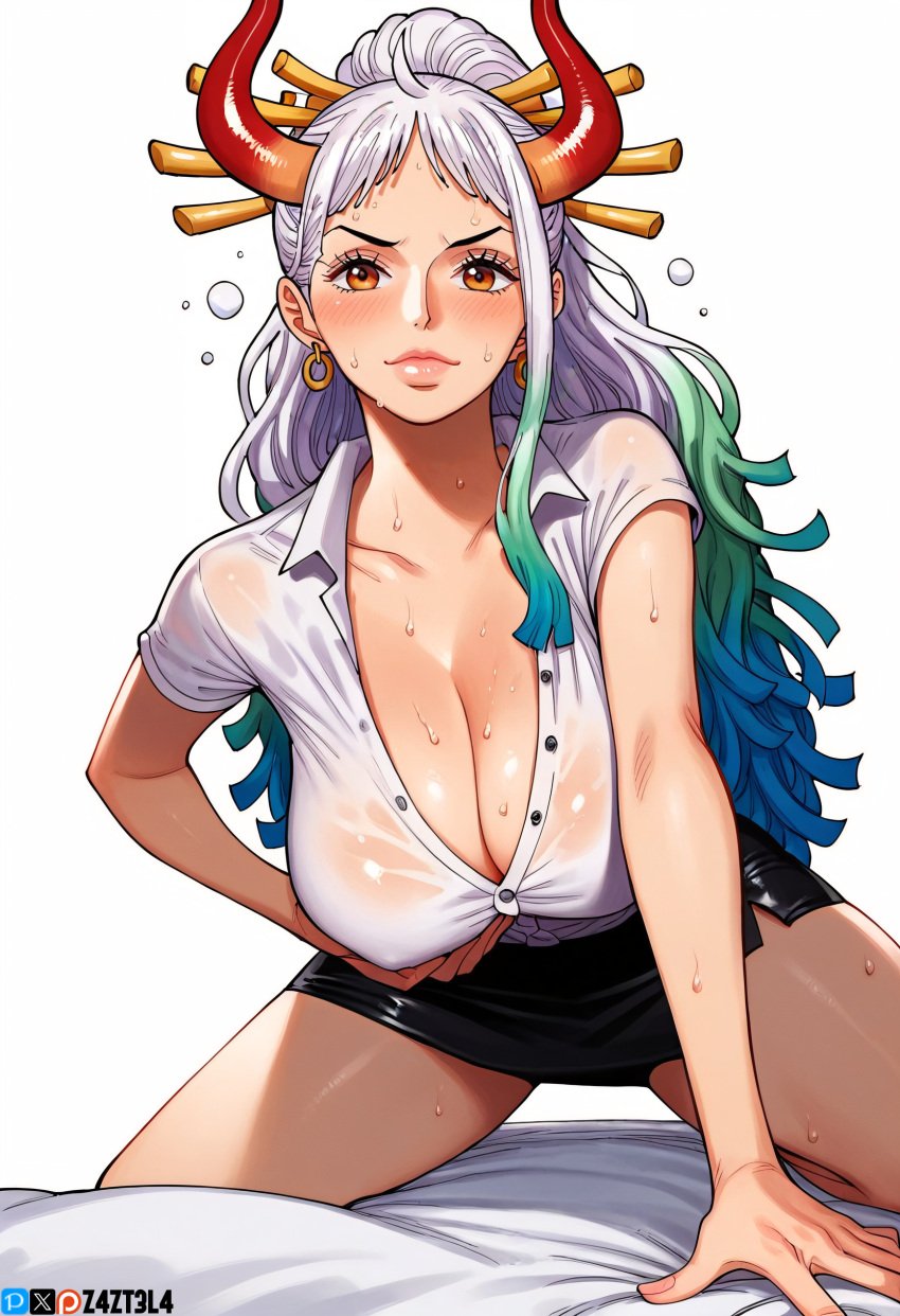 ai_generated alluring aqua_hair ass big_ass big_breasts blue_hair blush breasts earring earrings female female_only green_hair long_hair looking_at_viewer multicolored_hair office office_lady office_lady_outfit one_piece oni oni_femaleseduction oni_horns open_shirt orange_eyes pencil_skirt revealing_clothes seductive seductive_body seductive_eyes teasing unbuttoned unbuttoned_shirt white_hair white_shirt yamato yamato_(one_piece) z4zt3l4