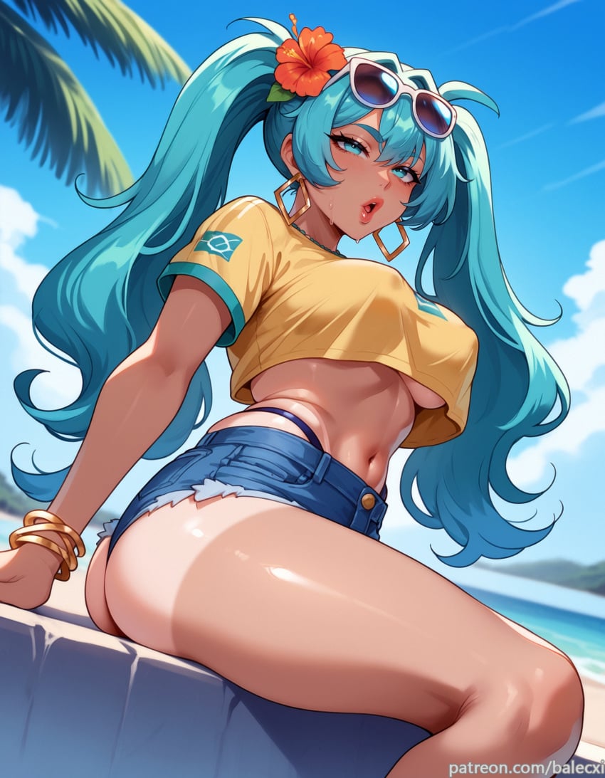 ai_generated ass balecxi beach bracelet brazilian_miku covered_nipples crop_top denim denim_shorts eyewear_on_head female hair_flower hair_ornament hatsune_miku hibiscus hoop_earrings jewelry large_breasts lips long_hair looking_at_viewer navel outdoors patreon_username shirt short_sleeves shorts sitting solo sunglasses tan tanlines thighs twintails underboob vocaloid