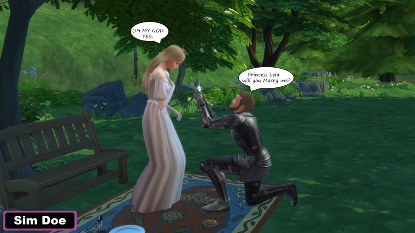 3d blonde_hair caption comic comic_page engagement_ring english english_text forest forest_background knight knight_higin(sim_doe) long_hair medieval original_characters petite petite_body petite_female princess princess_lela(sim_doe) proposal sim_doe sims sims4 sims_4 speech_bubble speech_bubbles the_sims the_sims_4