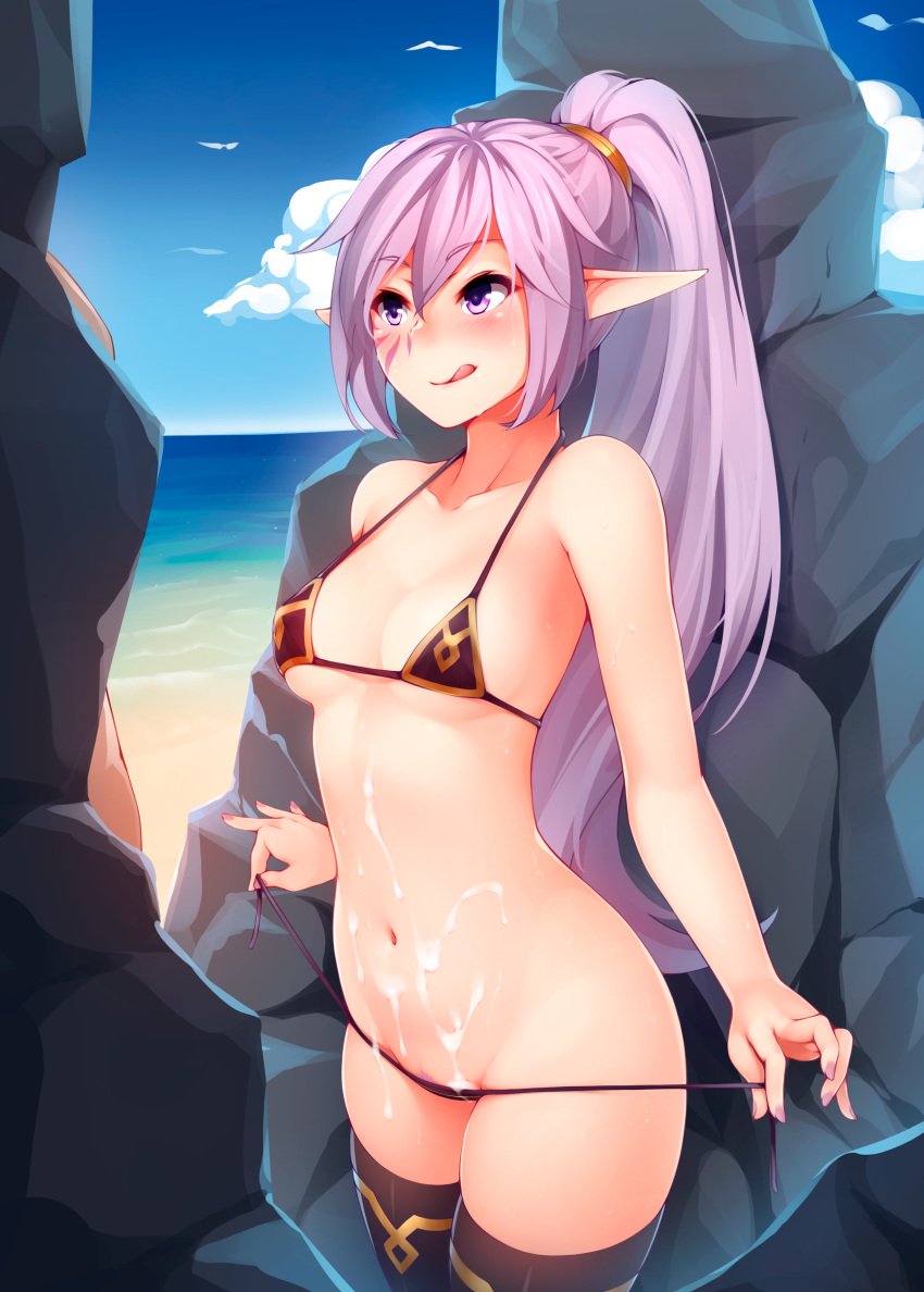 1girls beach bikini breasts cum cum_on_body elf elf_ears female female_only kaleina_(ricegnat) kerasu licking_lips original outside pointy_ears pubic_hair public_use purple_eyes purple_hair ricegnat sex_on_the_beach small_breasts solo strip_tease swimsuit tattoo thighhighs tongue_out