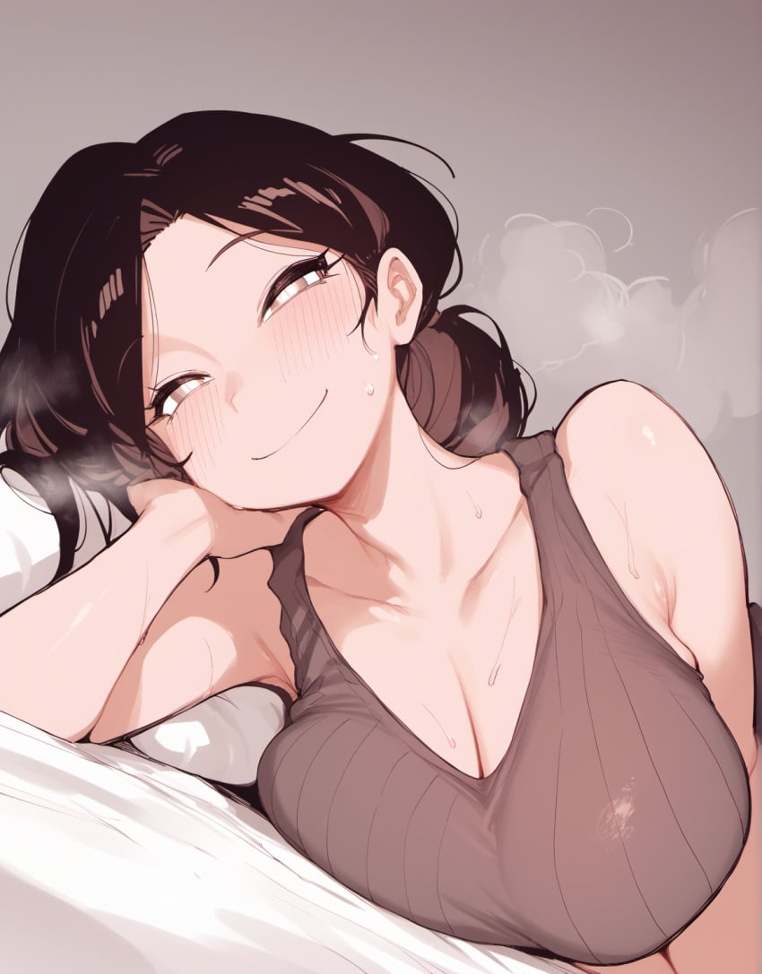 1female ai_generated big_breasts black_hair blush breasts curvy female flushed hair_bun heat high_resolution highres looking_at_viewer lying lying_on_bed milf mommy original original_character pov pov_eye_contact seductive seductive_look seductive_smile smile steam sweat tank_top winizzza