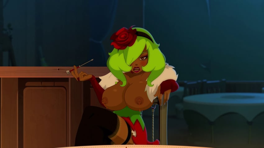 ankama big_breasts breasts clothes clothing dark-skinned_female dark_skin edit exposed_breasts female female_focus female_only green_hair lactating lactation partially_clothed poivoit sadida screenshot screenshot_edit shanon_stone syrup tagme unusual_lactation wakfu