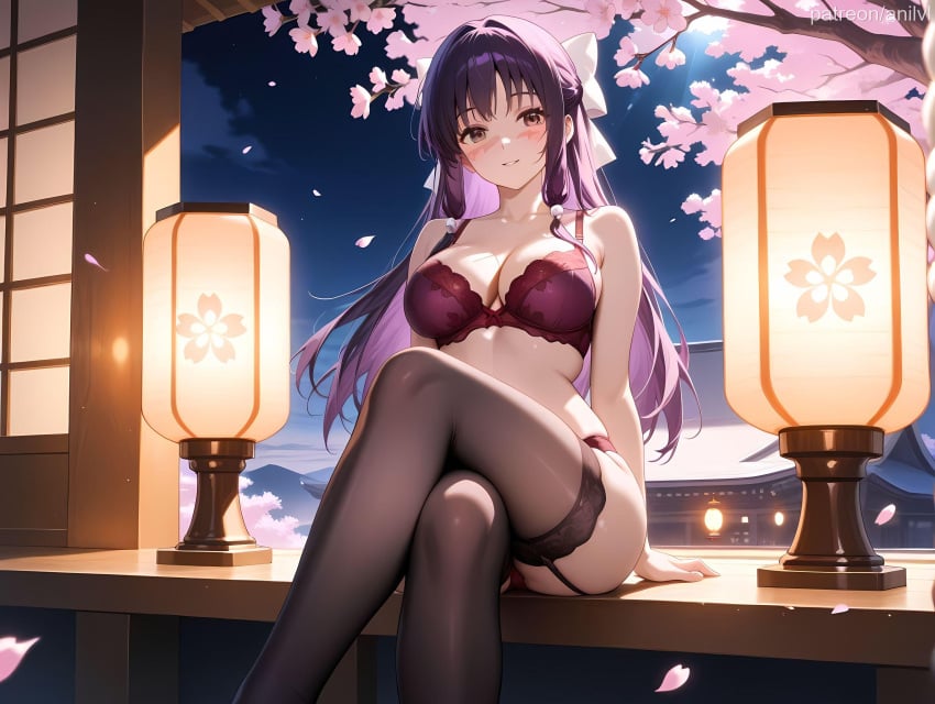 1girls ai_generated anilvl architecture arm_support bangs bare_arms bare_shoulders black_thighhighs blush bow bra braid breasts brown_eyes cherry_blossoms cleavage collarbone colored_inner_hair crossed_legs east_asian_architecture falling_petals feet_out_of_frame full_moon garter_belt garter_straps hair_intakes hair_ribbon hairbow jujutsu_kaisen lace-trimmed_bra lace-trimmed_thighhighs lace_trim lantern large_breasts lingerie long_hair looking_at_viewer moon night night_sky outdoors panties parted_lips petals purple_bra purple_hair purple_panties red_bra red_panties ribbon sidelocks sitting sky smile solo thighhighs thighs underwear underwear_only utahime_iori white_bow white_ribbon