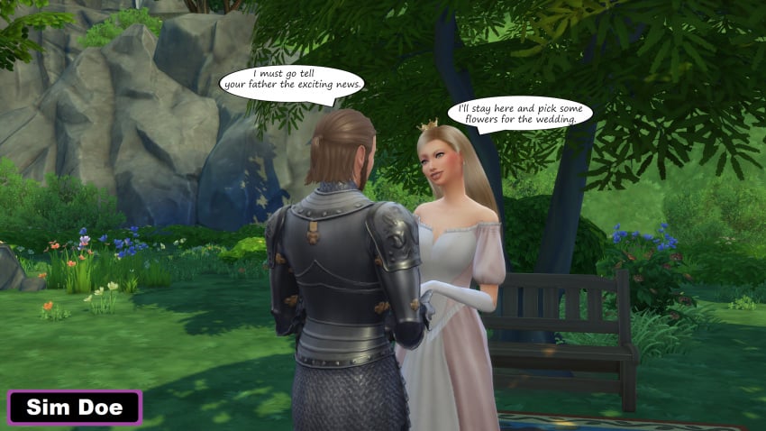 3d blonde_hair caption comic comic_page couple couple_(romantic) english english_text forest forest_background holding_hands knight knight_higin(sim_doe) long_hair medieval original_characters petite petite_body petite_female princess princess_lela(sim_doe) proposal sim_doe sims sims4 sims_4 speech_bubble speech_bubbles the_sims the_sims_4