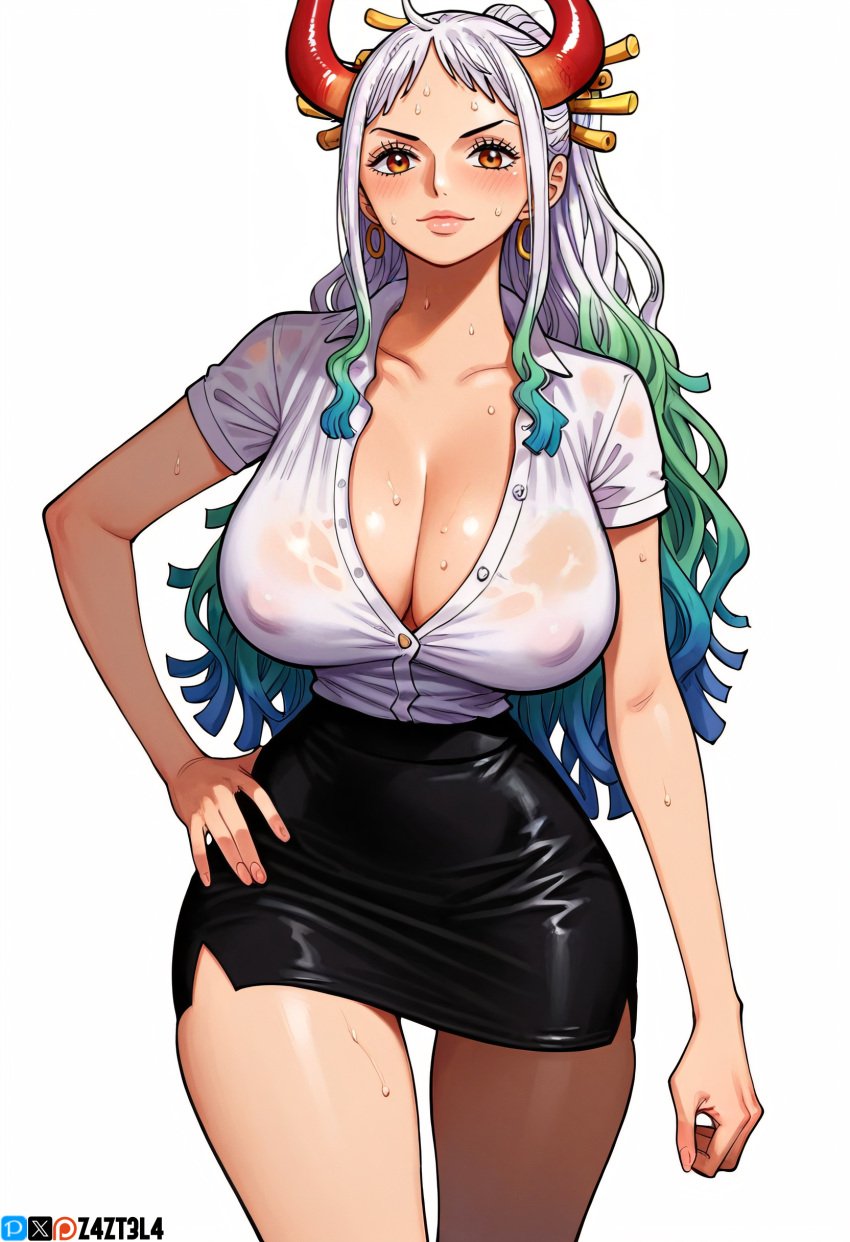 ai_generated alluring aqua_hair ass big_ass big_breasts blue_hair blush breasts earring earrings female female_only green_hair long_hair looking_at_viewer multicolored_hair office office_lady office_lady_outfit one_piece oni oni_femaleseduction oni_horns open_shirt orange_eyes pencil_skirt revealing_clothes seductive seductive_body seductive_eyes teasing unbuttoned unbuttoned_shirt white_hair white_shirt yamato yamato_(one_piece) z4zt3l4