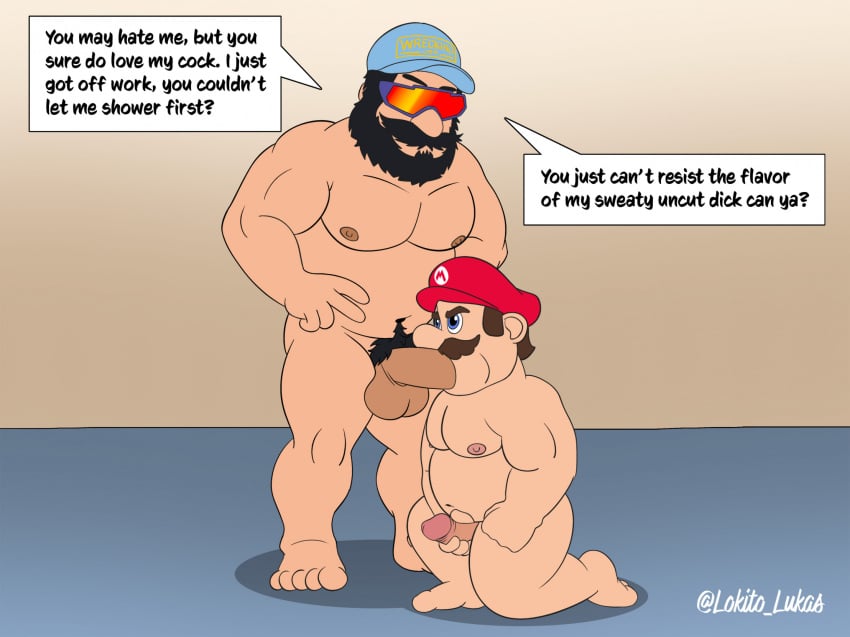 2boys angry balls beard biceps black_hair blowjob blue_hat dialogue duo erection facial_hair fellatio foreman_spike furaffinity gay genitals glasses hat human human_only kneeling light-skinned_male light_skin lokito_lukoa male male/male male_nipples mammal mario_(series) mature mature_male mature_man moustache nintendo nipples nude nude_male oral oral_sex penis penis_in_mouth pubic_hair red_hat standing sunglasses super_mario_bros._(2023_film) text text_bubble yaoi