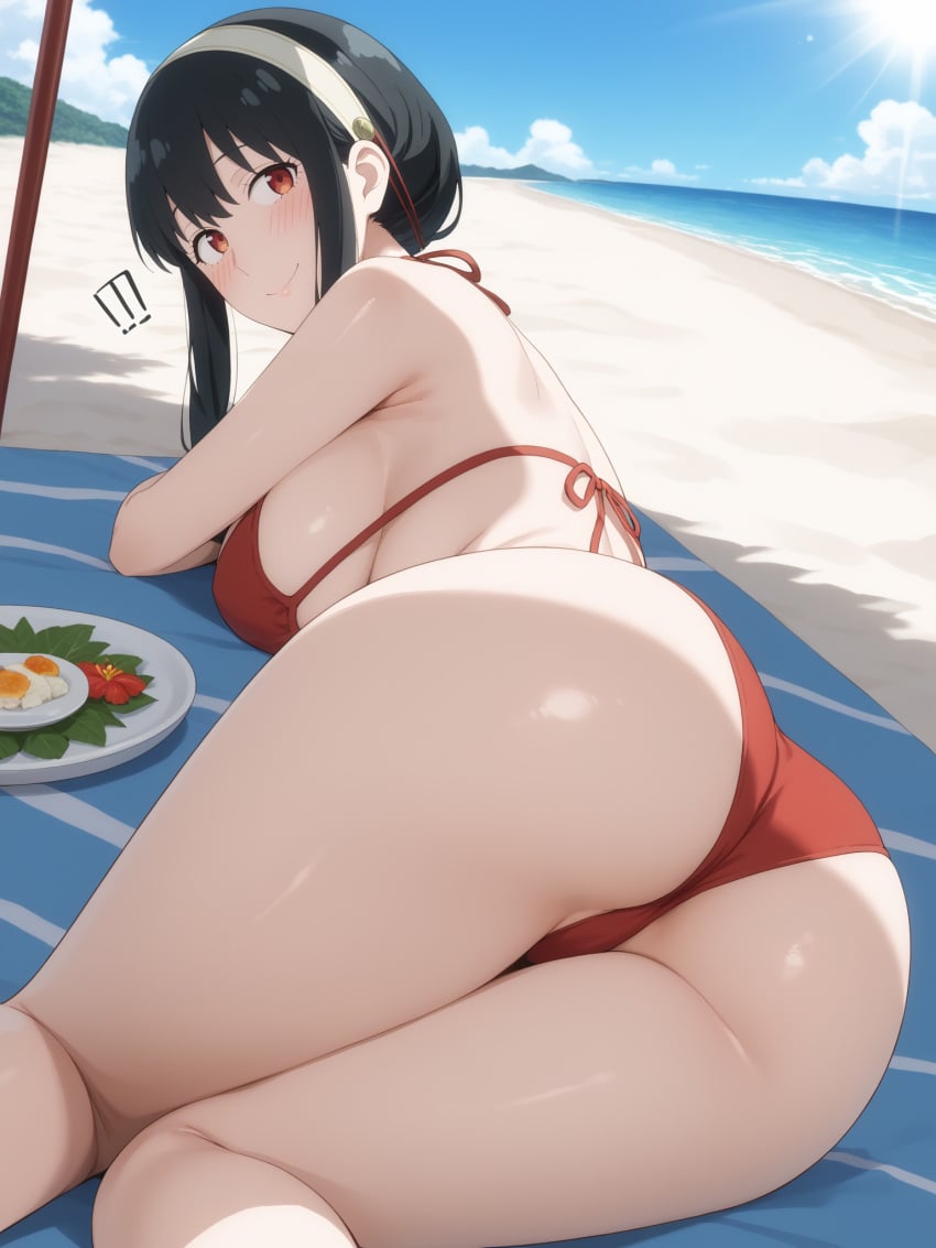 1girls ai_generated ass beach bikini black_hair female female_only headband human nai_diffusion red_bikini red_swimsuit spy_x_family stable_diffusion swimsuit tagme white_skin yor_briar