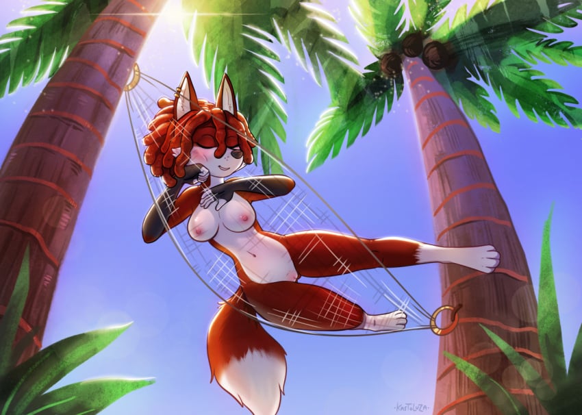 4_toes anthro areola breasts canid canine closed_eyes digital_media_(artwork) feet female fingers fox fur genitals hair hammock kastoluza lying mammal navel nipples nude on_front outside palm_tree plant pussy sleeping smile solo tail toes tree