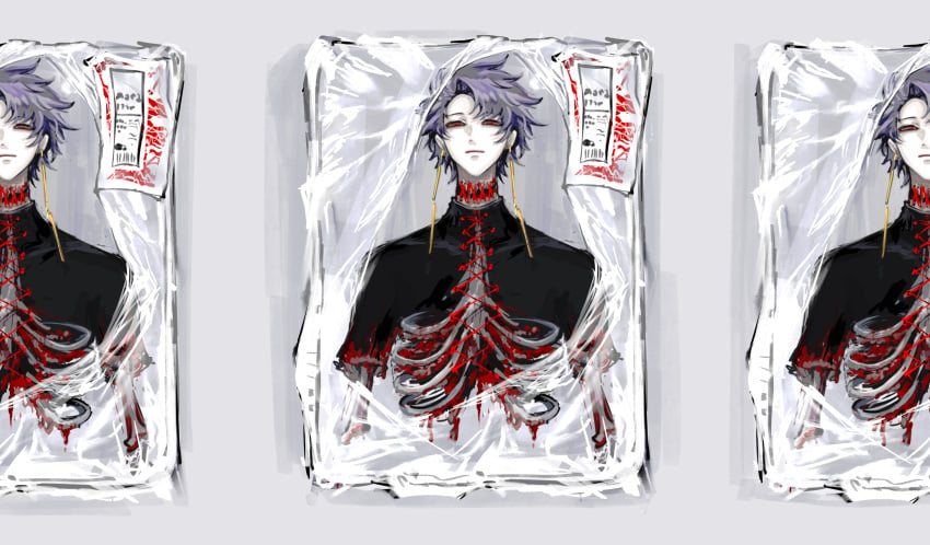 3boys absurdres black_shirt blood blood_on_clothes bone clone closed_mouth corpse corset_piercing earrings food_packaging guro highres jewelry male_focus multiple_boys pale_skin plastic_wrap purple_hair red_eyes saibou_shinkyoku shirt short_hair theodore_riddle xiaobuou314