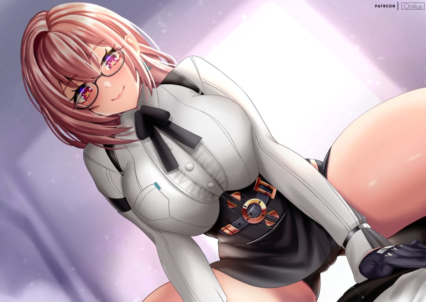 1other black_gloves black_skirt blue_eyes blush breasts closed_mouth cowboy_shot dress_shirt female glasses gloves hair_between_eyes indoors large_breasts looking_at_viewer oniilus panties pencil_skirt pink_eyes pink_hair shirt sidelocks sitting skirt smile solo_focus thighs tsukishiro_yanagi underwear white_shirt zenless_zone_zero