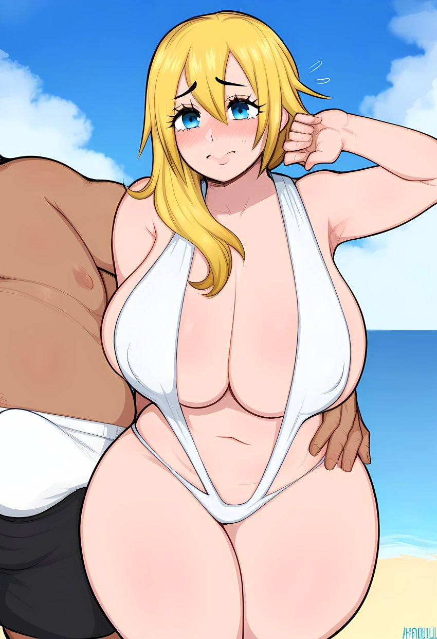 ai_generated chubby dark-skinned_male fat_man huge_breasts kingdom_hearts namine post_sex swimsuit