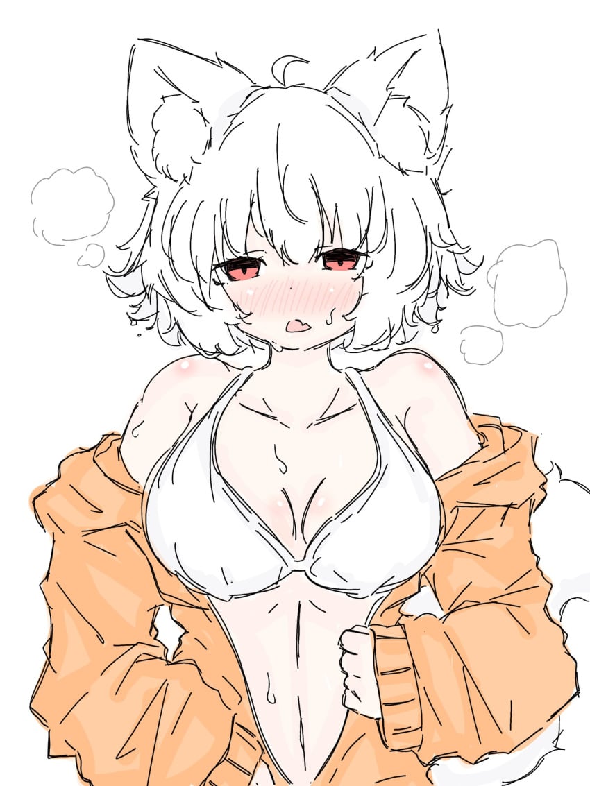 breast_focus breath cat_ears fumomono6500 looking_at_viewer momiji_inubashiri red_eyes removing_clothing sweat sweating tail taking_clothes_off undressing visible_breath white_bikini white_hair