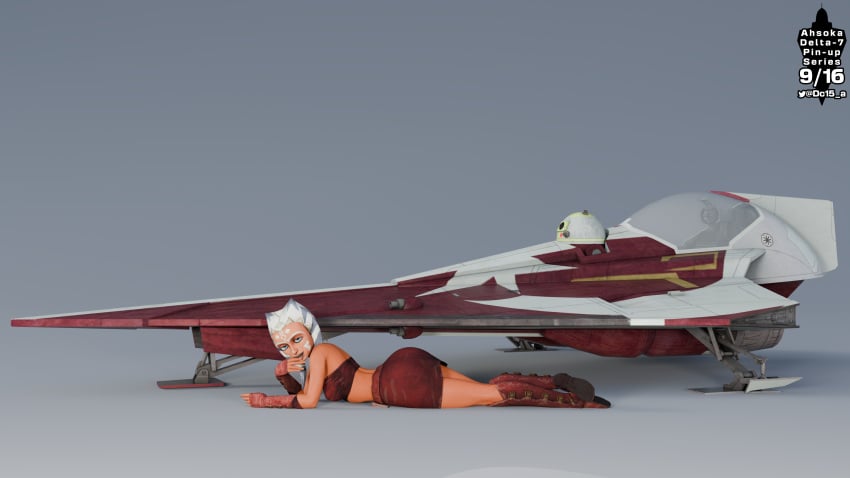 3d ahsoka_tano alien astromech_droid boots clone_wars dc15-a female female_focus gloves jedi jedi_padawan laying_down laying_on_ground laying_on_stomach on_floor orange_body orange_skin pinup pinup_(style) pinup_girls pinup_pose seductive_look simple_background skirt spacecraft spaceship star_wars the_clone_wars:_season_one togruta tubetop