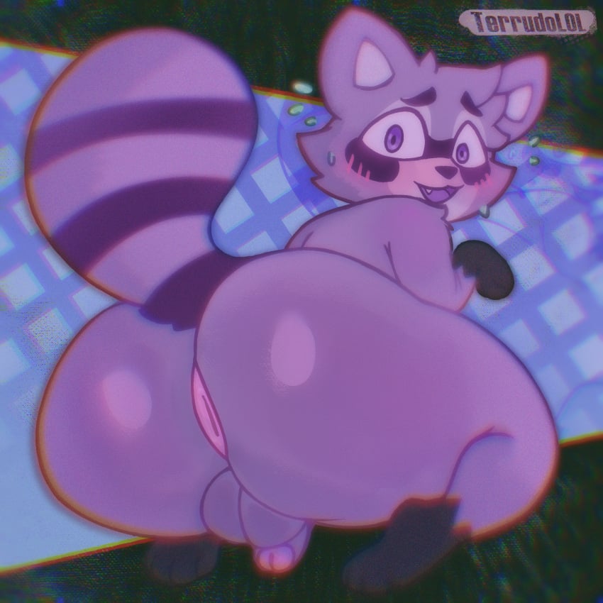 1:1 animal_ears anthro anus ass backsack balls big_butt blush bodily_fluids body_fur butt_focus chromatic_aberration fangs genitals hi_res huge_butt indigo_park looking_at_viewer looking_back male mammal nervous nude open_mouth procyonid purple_eyes raccoon raccoon_tail rambley_raccoon rear_view smile solo sweat tail teeth terrudolol thick_thighs wide_hips