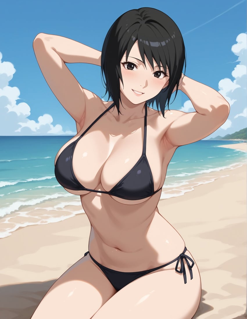 1girls ai_generated arm_support arms_behind_head arms_up bare_chest bare_legs bare_midriff bare_shoulders beach big_breasts bikini bikini_bottom bikini_top black_eyes black_hair blush breasts cleavage clouds curvaceous curvy curvy_body curvy_female curvy_figure day female female_only high_resolution highleg highleg_bikini knees_together_feet_apart light-skinned_female light_skin mature mature_female nai_diffusion naruto naruto_(series) naruto_shippuden navel ocean pinup sand seaside shizune shoulder_length_hair sitting smile solo stable_diffusion sunlight swimsuit toned_female voluptuous waifuinvoker water wide_hips