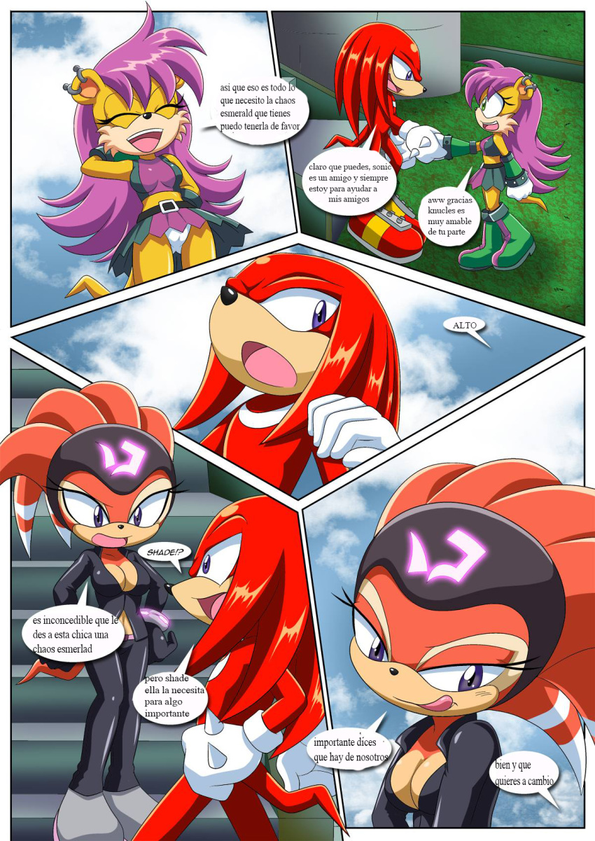 anthro boob_window eyelids eyes_closed furry knuckles_the_echidna latex mina_mongoose mobius_unleashed palcomix panties pantyshot purple_hair purple_skirt shade_the_echidna sonic_(series) spanish_text translated two_tone_clothing two_tone_skirt upskirt white_panties