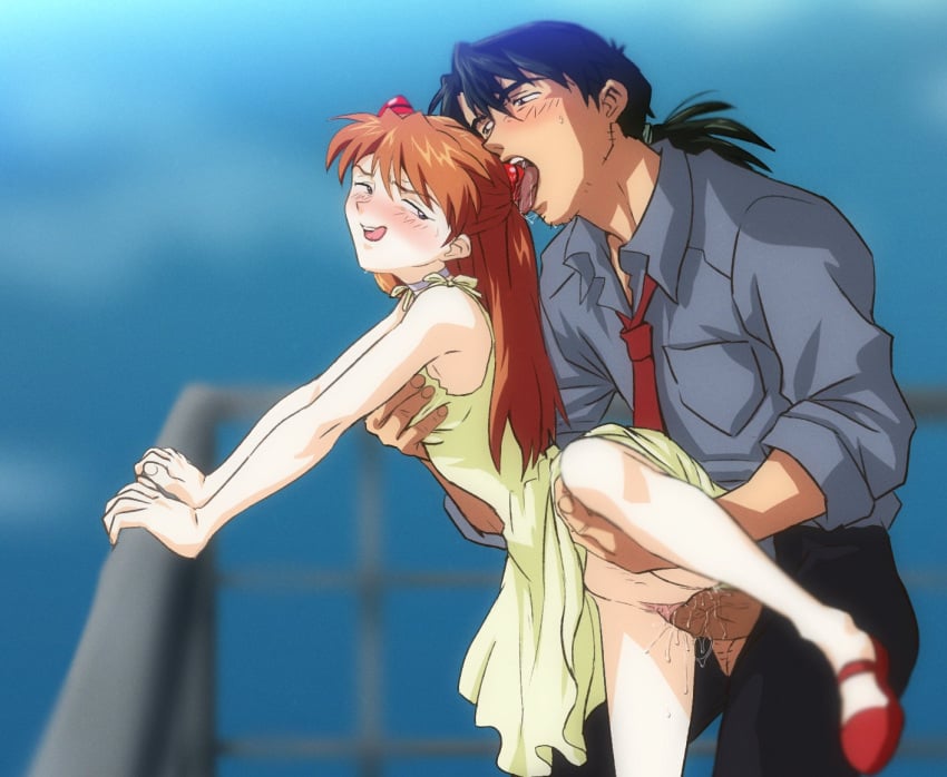 1boy 1girls 2d amondetauro asuka_langley_sohryu black_hair dress female from_behind from_behind_position going_commando long_hair male neon_genesis_evangelion no_panties penetration penis penis_out red_hair ryoji_kaji sex standing standing_sex tagme upskirt vagina vaginal vaginal_penetration vaginal_sex