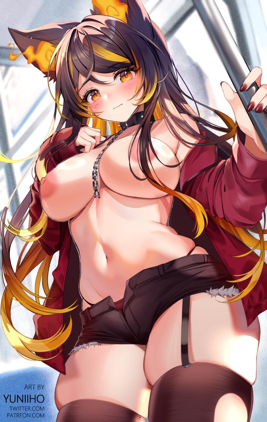 animal_ears bangs black_hair black_legwear black_panties black_shorts blurry blurry_background blush breasts brown_hair brown_legwear choker closed_mouth cowboy_shot depth_of_field female garter_straps highleg_panties holding jacket jewelry large_breasts long_hair looking_at_viewer multicolored_hair nail_polish navel nipples open_clothes open_fly panties pasties red_jacket red_nails short_shorts shorts sinder_(vtuber) skindentation solo standing stomach thighhighs torn_clothes torn_legwear underwear wolf_ears yellow_eyes