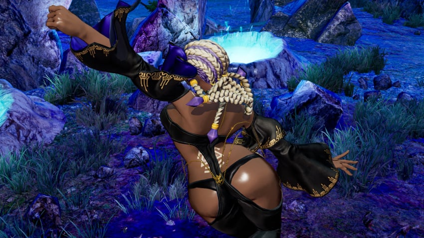 1girls ass big_ass big_breasts bodypaint booty braid braided_hair braided_ponytail bubble_butt busty clothed curvaceous curvy curvy_female dark-skinned_female dark_skin dolores_(kof) dress fat_ass female from_behind huge_ass king_of_fighters legwear long_hair purple_hair round_ass standing thick thick_ass thick_thighs thighs thong tied_hair two_tone_hair voluptuous voluptuous_female white_hair wide_hips