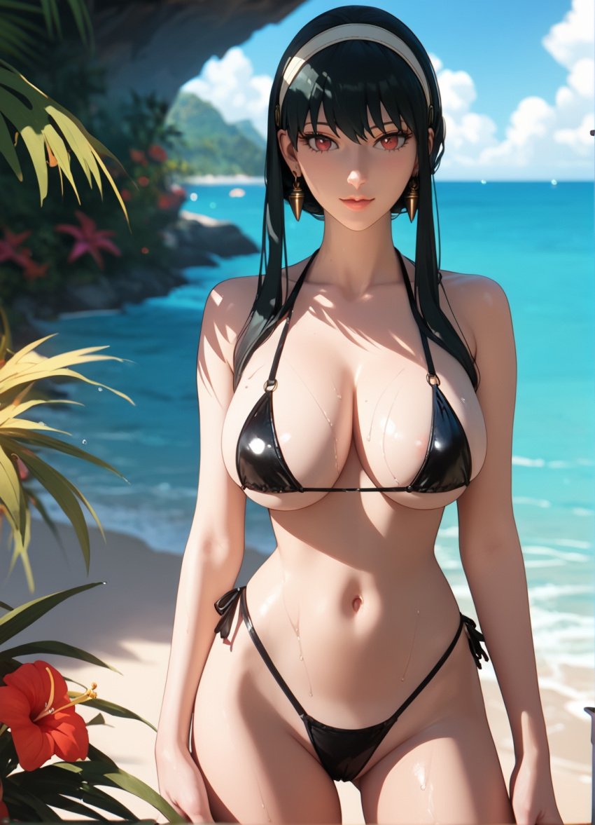 1girls ai_generated beach bikini black_bikini black_hair black_swimsuit female female_only headband human nai_diffusion spy_x_family stable_diffusion swimsuit tagme white_skin yor_briar