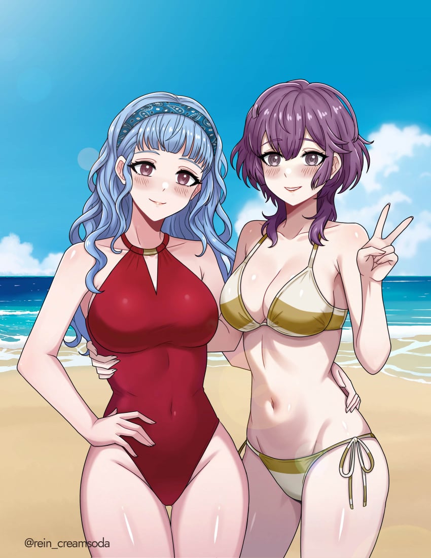 2girls bernadetta_von_varley breasts female female_only fire_emblem fire_emblem:_three_houses looking_at_viewer marianne_von_edmund nintendo rein_creamsoda swimsuit