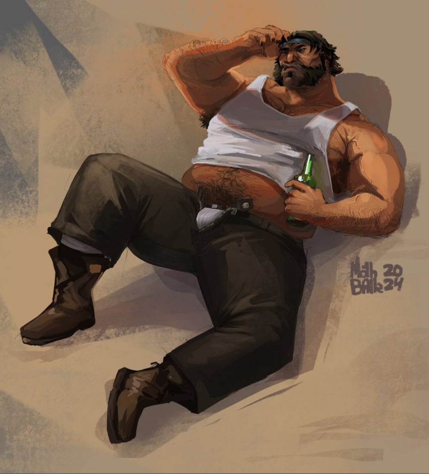 alcohol alcohol_bottle alcoholic_beverage alcoholic_drink arcane arcane:_league_of_legends arm_up armpit armpit_hair armpits artist_request beard beard_stubble belly beverage beverage_bottle black_pants boots bottle bottle_in_hand brown_boots brown_hair bulge bulge_through_clothing clothed clothed_male clothes clothing dad_bod dark_hair facial_hair hairy_armpits hairy_belly hand_on_head holding_bottle holding_object loris_(arcane) lying lying_on_back male male_focus male_only male_underwear mature mature_male muscle musclegut muscles muscular muscular_arms muscular_male pants riot_games simple_background solo solo_anthro solo_male tank_top tank_top_lift unbuttoned_pants underwear underwear_bulge unpleasure_face vein veins veiny veiny_muscles whiskers white_tank_top