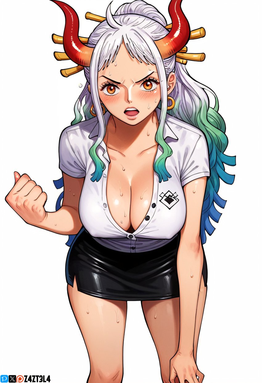 ai_generated alluring aqua_hair ass big big_ass big_breasts blue_hair blush breasts earring earrings female female_only green_hair long_hair looking_at_viewer multicolored_hair office office_lady office_lady_outfit one_piece oni oni_female oni_horns open_shirt orange_eyes pencil_skirt revealing_clothes seducing seduction seductive seductive_body seductive_eyes teasing unbuttoned unbuttoned_shirt white_hair white_shirt yamato yamato_(one_piece) z4zt3l4